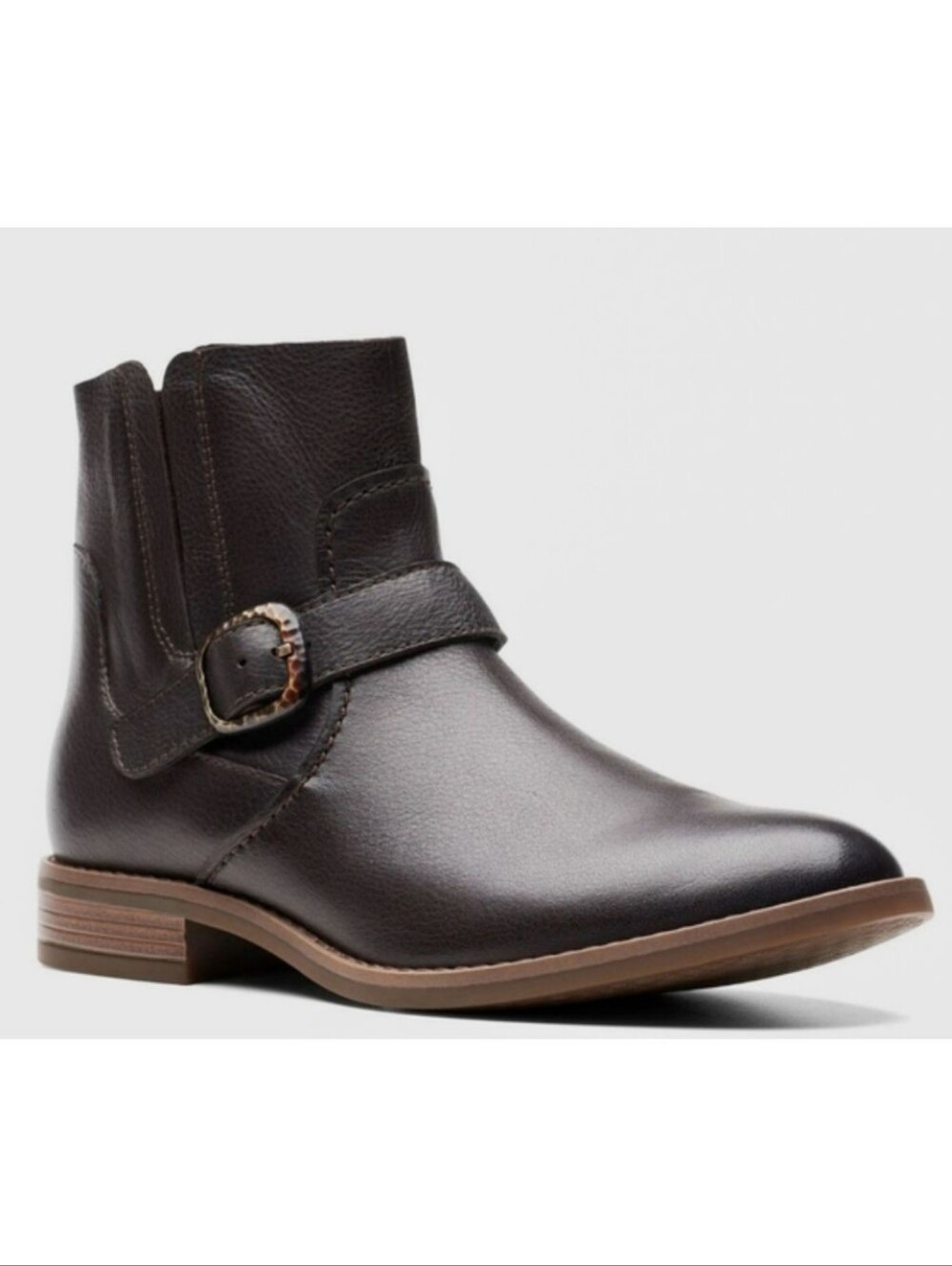Clarks Camzin Leather Ankle Boots Brown Buckle Flat Comfort Zipper Booties